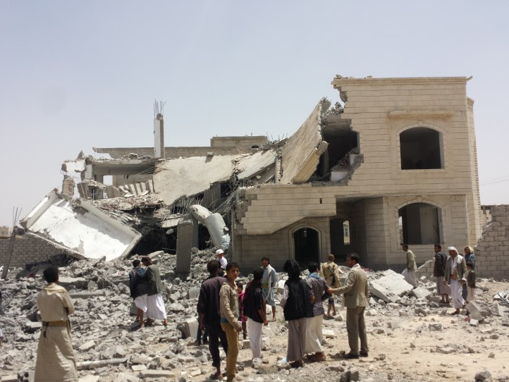 House destroyed by aerial bombing in Yemen.