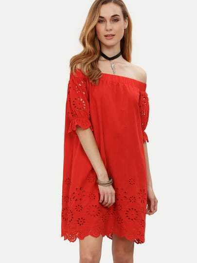 Red Off The Shoulder Half Sleeve Hollow Dress