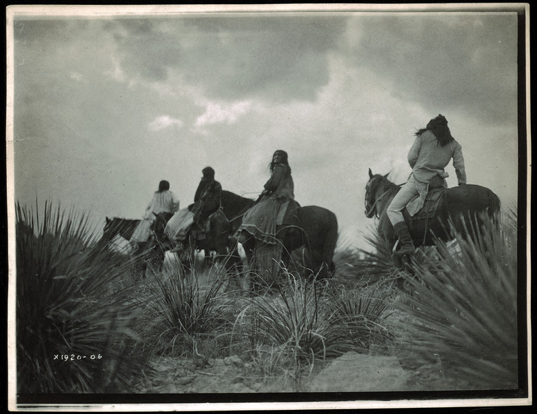 Description of  Title: Before the storm.  <br />Date Created/Published: c1906 December 19.  <br />Summary: Four Apaches on horseback under storm clouds.  <br />Photograph by Edward S. Curtis, Curtis (Edward S.) Collection, Library of Congress Prints and Photographs Division Washington, D.C.