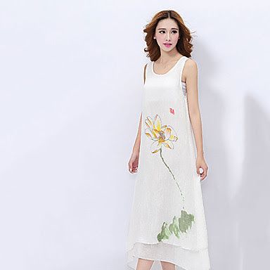 WANITA Baju Linen Kasual Cetak Bulat Tanpa WANITA Baju Linen Kasual Cetak Bulat Tanpa