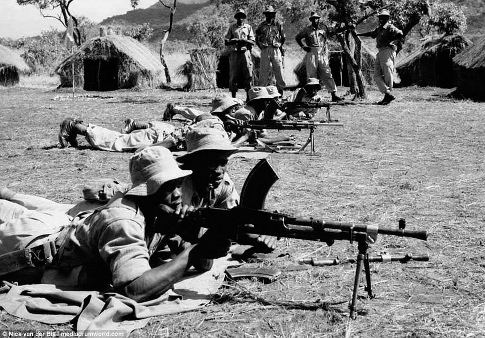 Four (Uganda) KAR on the ranges with Bren light machine guns. While the askaris were happy with small arms, they were less confident with mortars. The Mau Mau was a secret society confined almost entirely to the Kikuyu tribe who inhabited parts of the Central Highlands