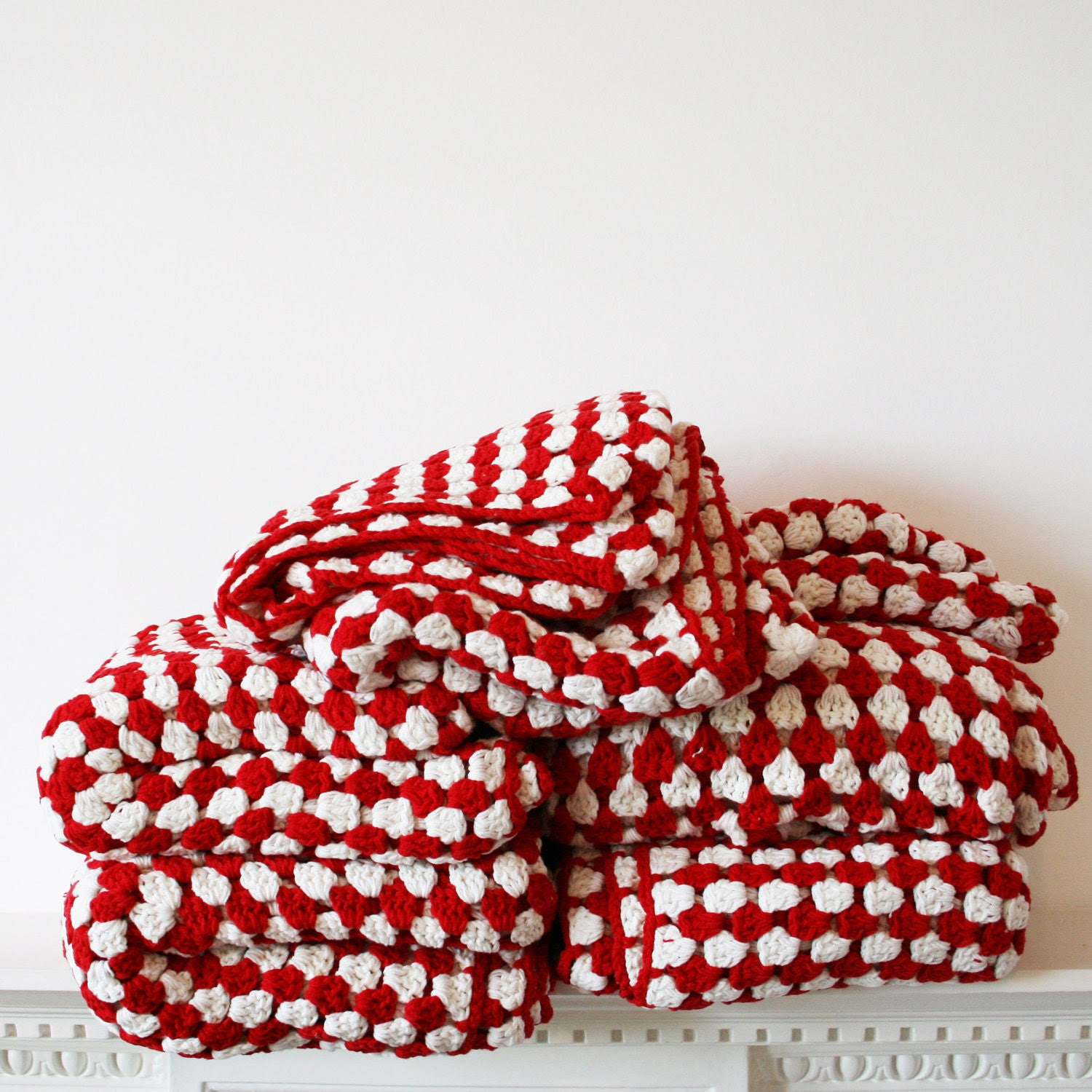 Red and White Stripe Cotton Crochet Blanket