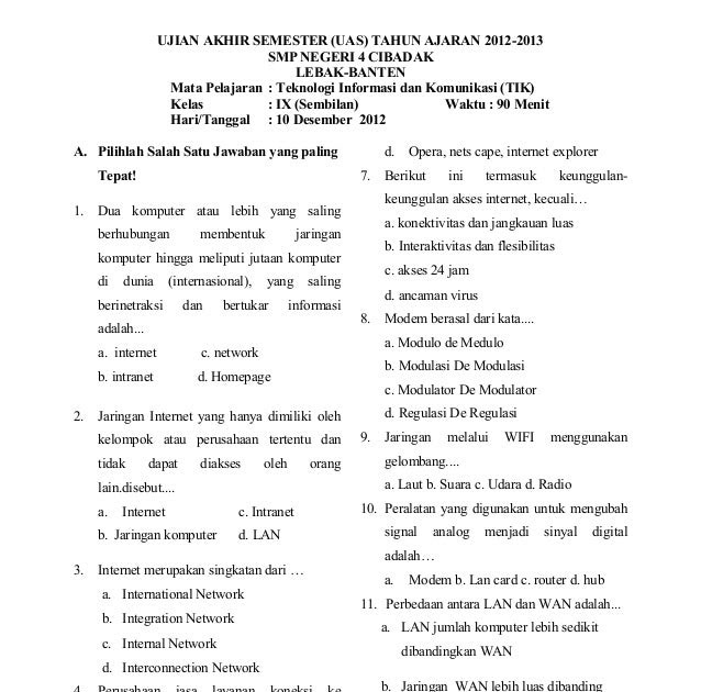 Soal Uas Tik Kelas 9 Dan Jawabannya Doc Galeri Siswa
