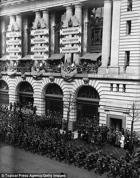 April 1919:  Members of the Australian and New Zealand Army Corps, commonly known as Anzacs marching through London