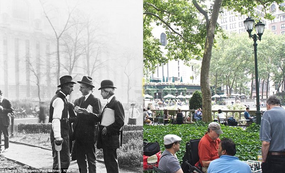 Bryant Park 1922/2013: During the 'before' period, the west side of the park was perpetually in shadow due to the Sixth Avenue elevated railway line that had been there since the late 1870's