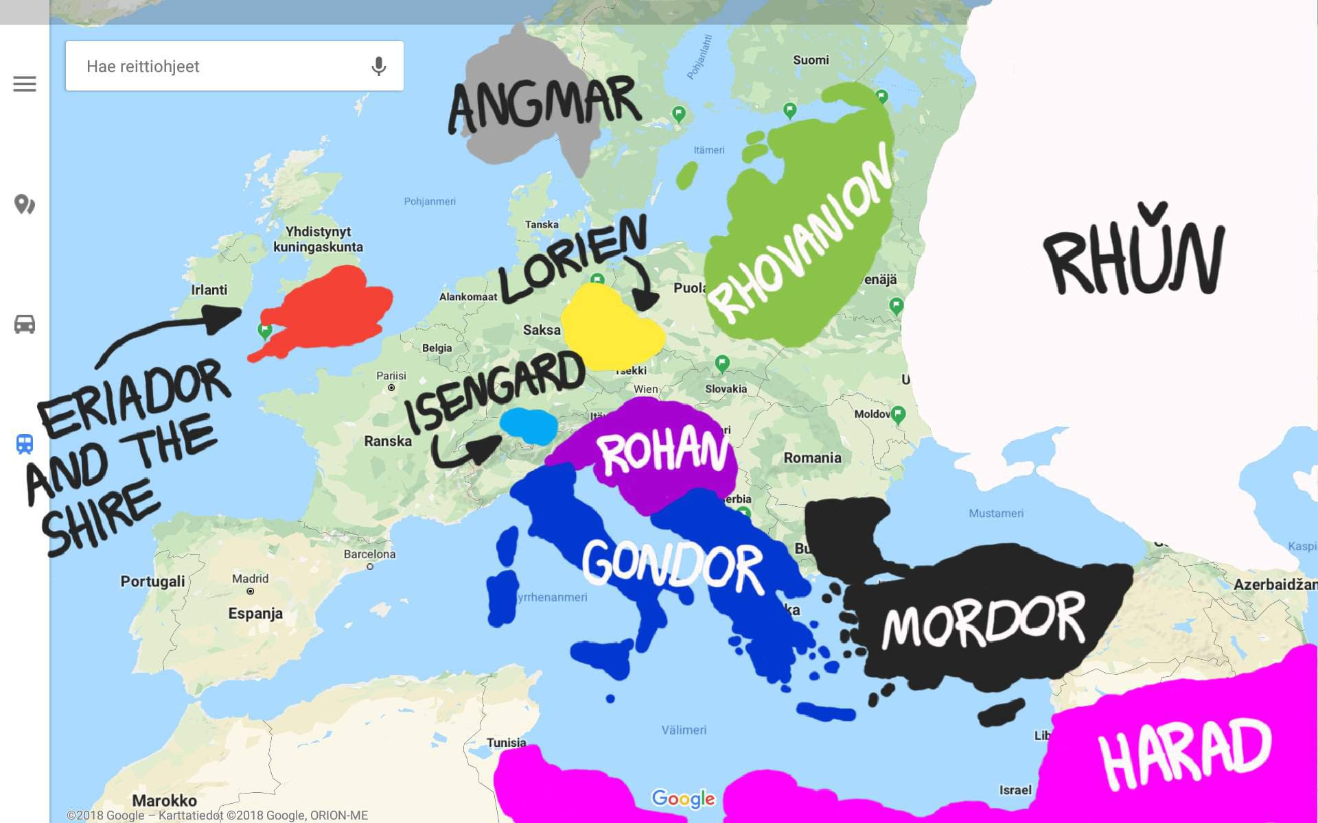 Map Of Middle Earth Over Europe