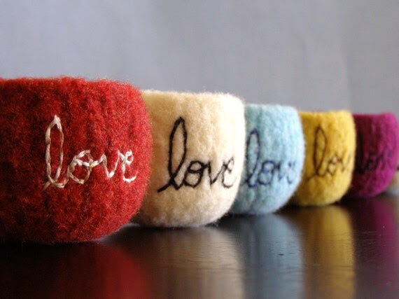 choose your colors - custom tiny felted wool bowl with love embroidered in cotton
