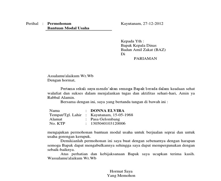 Contoh Surat Permohonan Bantuan Modal Usaha Ke Baznas