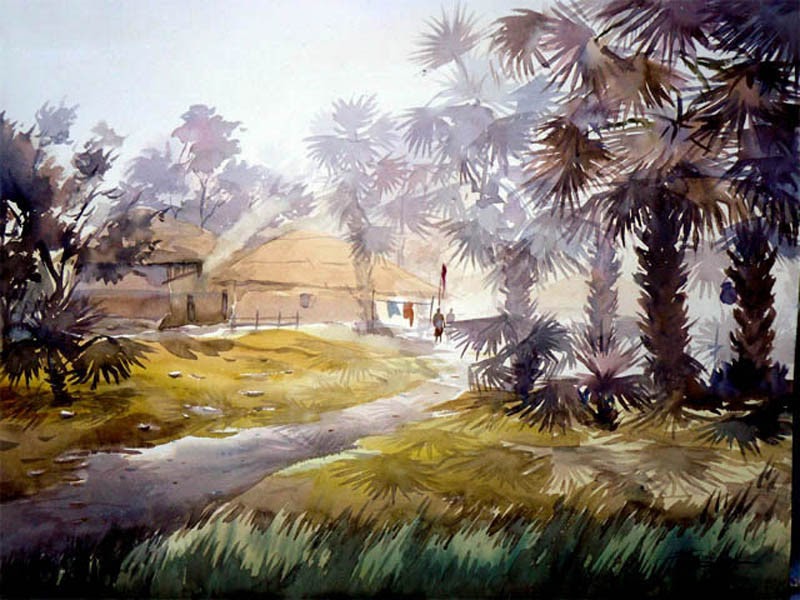 Watercolor Painting Sunrise Morning Scenery Drawing - img-Abetzi