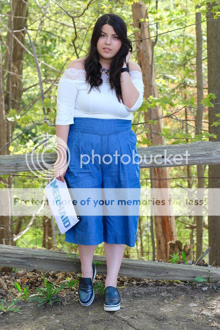 Yours Clothing Denim Culotte Plus Size Lace Bardot Top mermaid clutch iridescent scales steven madden Jessica Ip theinbetweenie plus size fashion toronto canada blogger