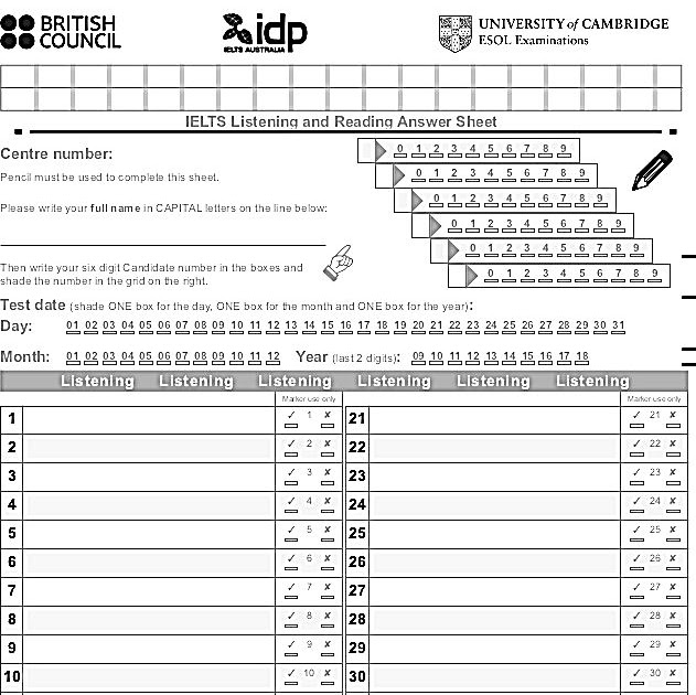 Ielts Reading Answer Sheet