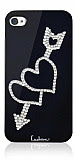 Leshine iPhone 4 / 4S Çift Kalpli Taşlı Siyah Kılıf