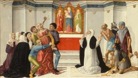 Fichier:'St. Catherine of Siena Exorcising a Possessed Woman', painting by Girolamo di Benvenuto.jpg