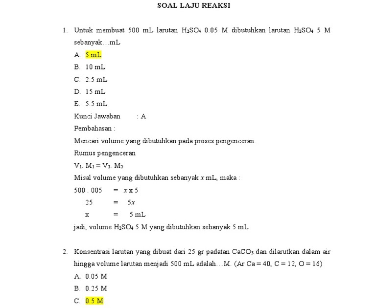 Soal Pilihan Ganda Laju Reaksi Dan Pembahasan