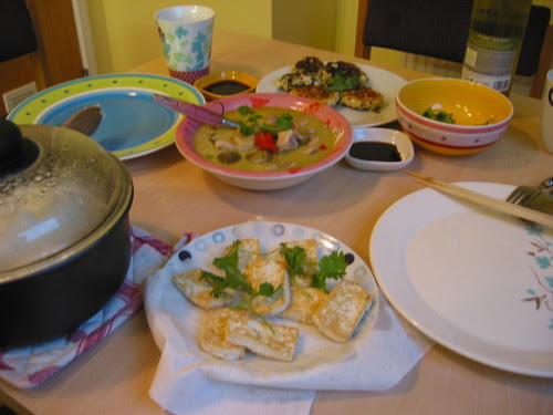 A big Sunday dinner - green curry, tofu cutlets, tofu and pinot grigio