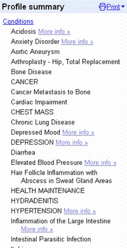 Google Health conditions list
