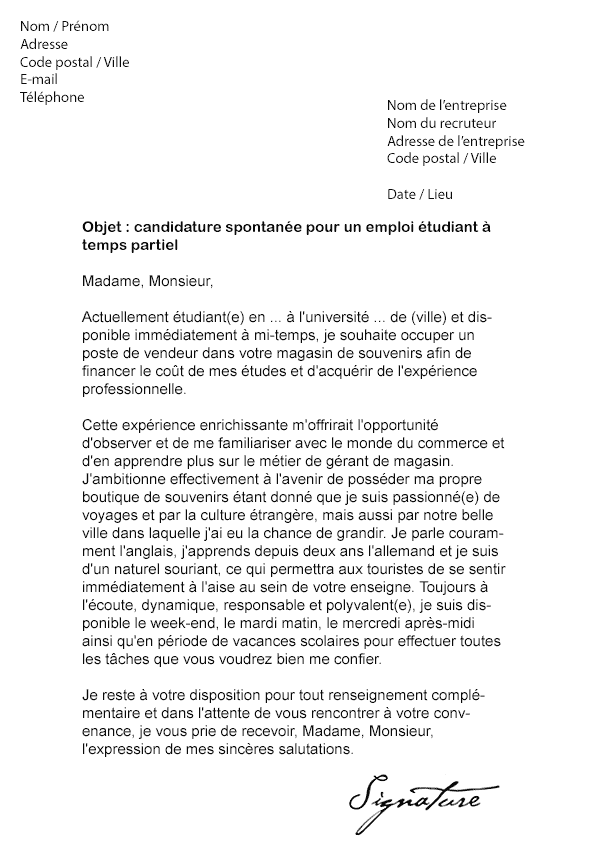 Document modèle Lettre de motivation temps partiel