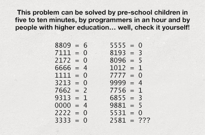 “This problem can be solved by preschool children in five to ten minutes, by programmers in an hour, and by people with advanced degrees in…well, give it a shot!”
Update: Some of you have been messaging me, and I’ve been getting a pretty large surge in traffic just over this post. If you really can’t solve it (and want to totally ruin it by learning the solution), click here.