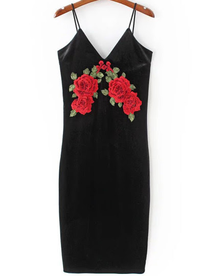 Black Flower Embroidered Velvet Cami Dress