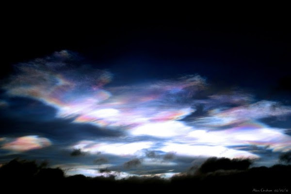 Nacreous clouds after sunset on February 2, 2016, caught by Alex Graham in Scotland.