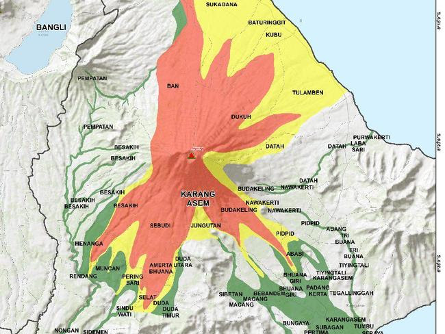 This graphic released by Indonesian authorities depict the areas at the greatest risk of impact from a volcanic eruption.