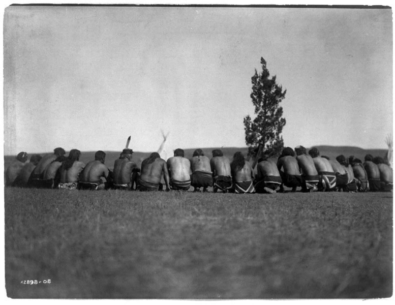 Description of  Title: Arikara medicine fraternity--The prayer.  <br />Date Created/Published: c1908 November 19.  <br />Summary: Arikara shamans, without shirts, backs to camera, seated in a semi-circle around a sacred cedar tree, tipis in background.  <br />Photograph by Edward S. Curtis, Curtis (Edward S.) Collection, Library of Congress Prints and Photographs Division Washington, D.C.