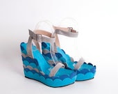 WEDGES - Wrapped leather platform, in blue and grey - made to order - NorTin