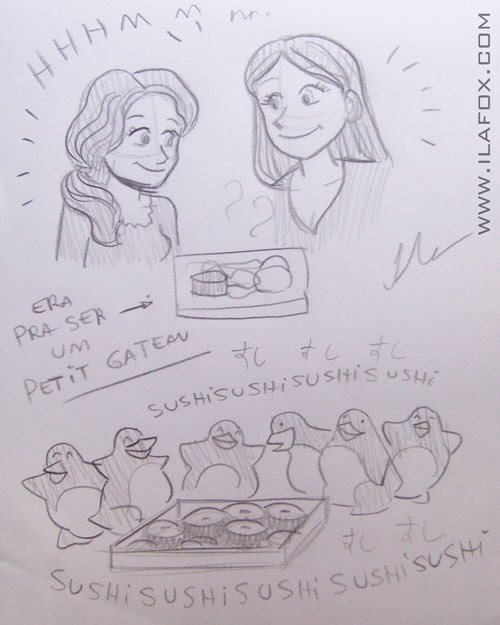 desenho a lápis, Lu cafaggi e Samanta Coan comendo Petit Gateau, Pinguins atacando sushis, by ila fox