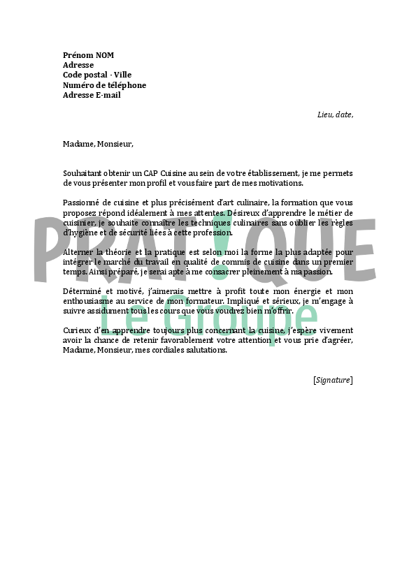 Lettre De Motivation Cap Cuisine  Cuisine France