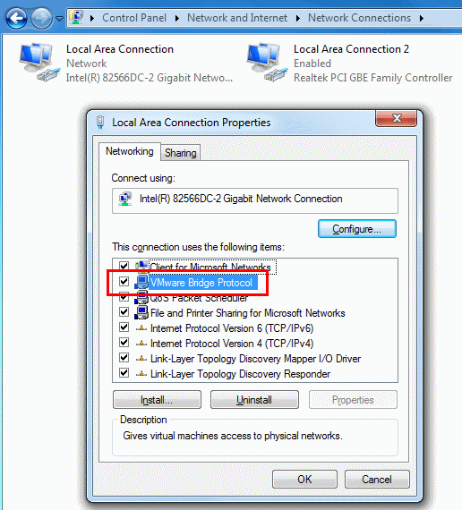 Check the VMware Bridge Protocol in the NIC settings