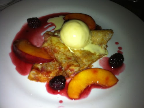Cornmeal Crepes with Blackberries, Peaches and Noyaux Ice Cream