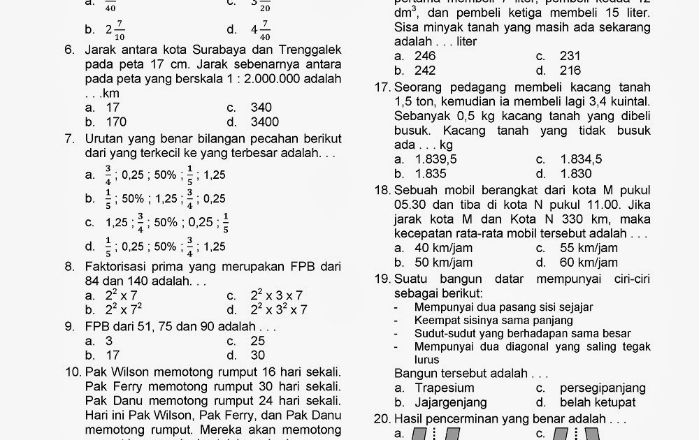 Soal Try Out Kelas 6 2017 Dan Kunci Jawaban Matematika
