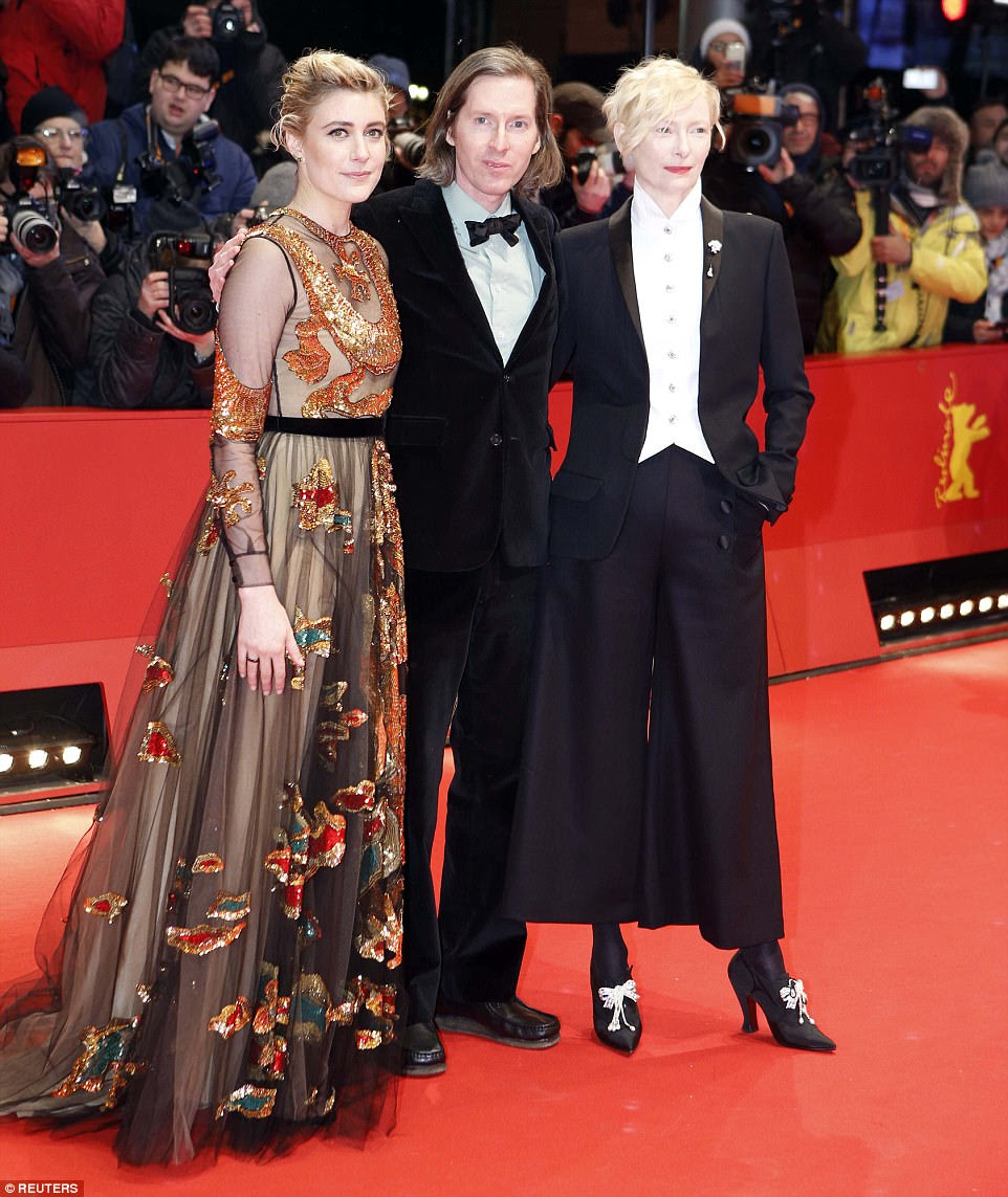 Three's company: (L-R) Greta Gerwig, director Wes Anderson and Tilda Swinton united for a photo opportunity at the event
