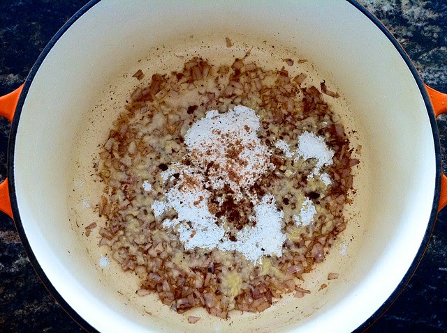 Flour and Grated Nutmeg Added to Butter and Shallots