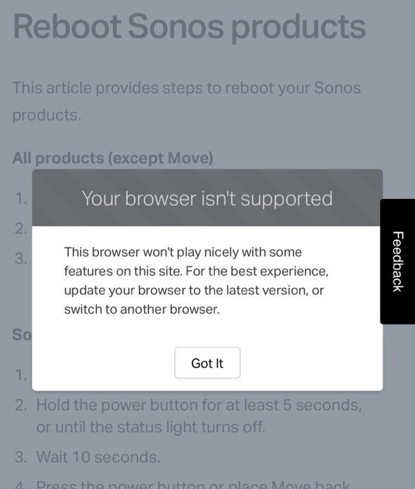 Sonos modal that claims Firefox does not play well with it