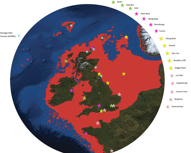 A map of the UK with Doggerland marked as red
