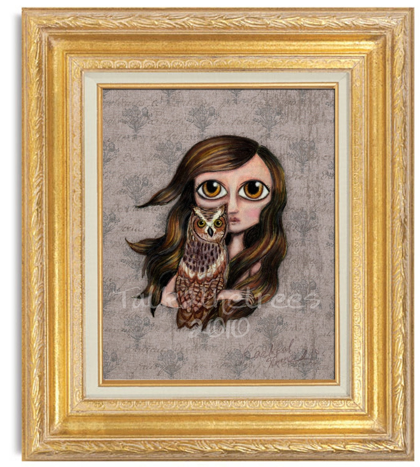 Ellie and Her Owl 5x7 Print mixed media painting big eyed girl woodland animal