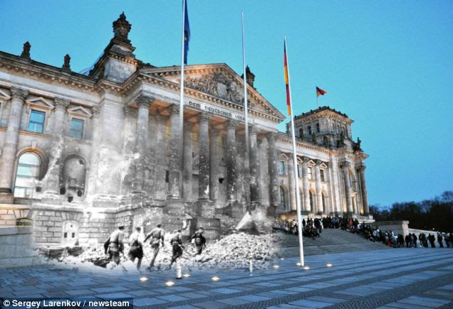 Merge: Red Army storms Reichstag, Berlin, in 1945, as tourists queue to enter the historic building