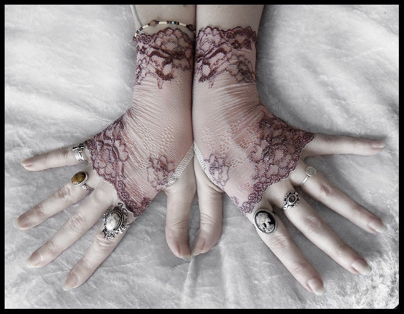 Cosette Lace Fingerless Gloves - Dusty Mauve Plum Embroidered Floral - Gothic Vampire Regency Tribal Bellydance Goth Fetish Mourning Tea - ZenAndCoffee