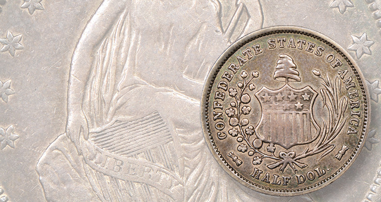 1861 Confederate half dollar Newman lead