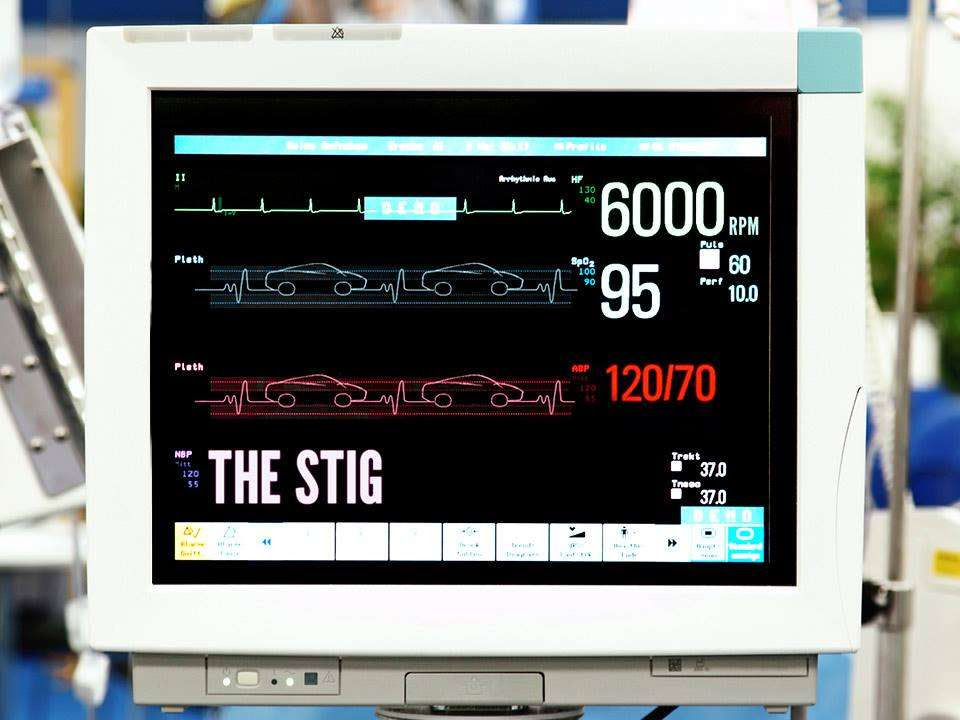 Top Gear The Stig Hospital Monitor. Some say The Stig's heartbeat is measured in RPM, his oxygen quantity is measured in air-fuel mixture instead of SpO2, he has oil in his veins instead of blood and the pressure is measured in lbf/pol2.
