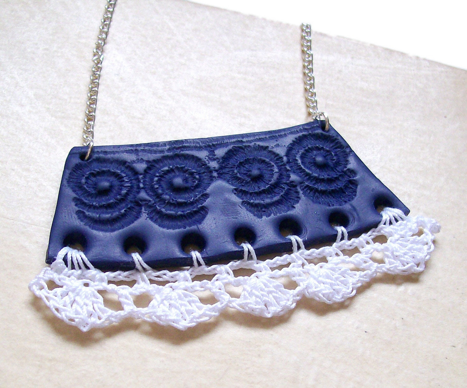 Crochet clay bib necklace navy blue white fashion necklace nautical lace crochet frill polymer clay necklace "The Collar Blue" one-of-a-kind - HunkiiDorii
