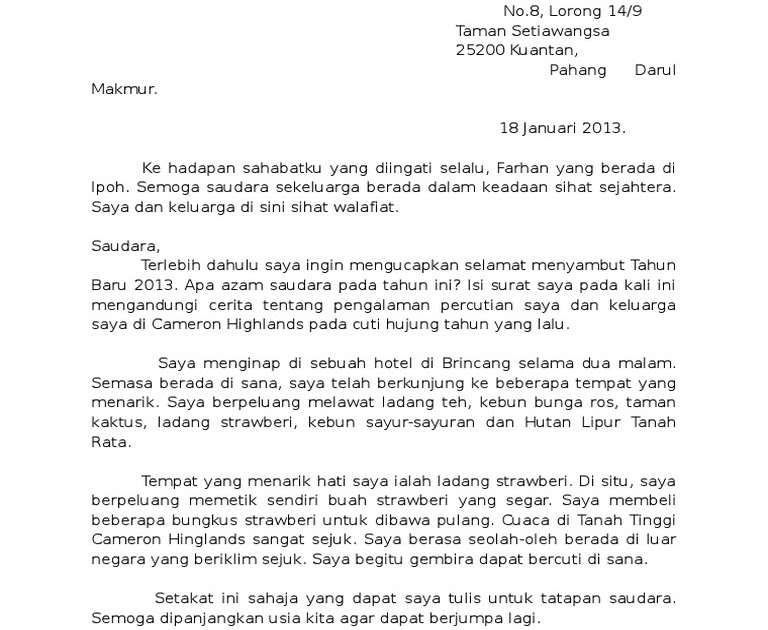 Surat Tidak Rasmi Format  Contoh surat tidak rasmi / Saluran, yaitu