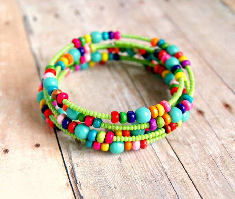 colorful beaded memory wire bracelet aqua and green rainbow - pixiestrinkets colorful beaded memory wire bracelet aqua and green rainbow - pixiestrinkets