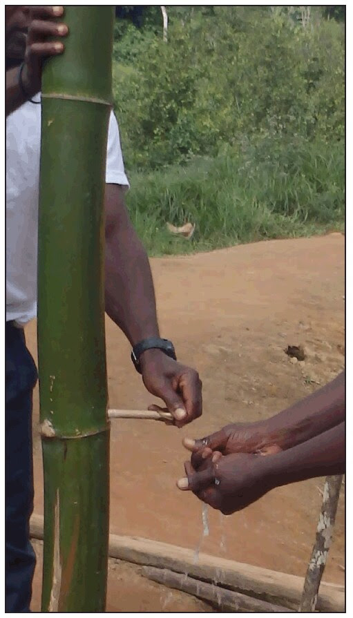 The figure above is a photo showing Liberian residents using one of the bamboo hand washing stations that were erected to improve health care practices at entrances to hospitals, county checkpoints, and in towns during August 2014. 