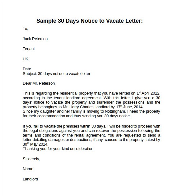 30 Day Notice To Landlord Sample Letter Pdf | HQ Printable Documents