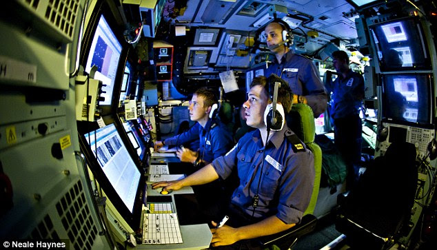 Sonar operators track ships and submarines in the sound room on HMS Talent