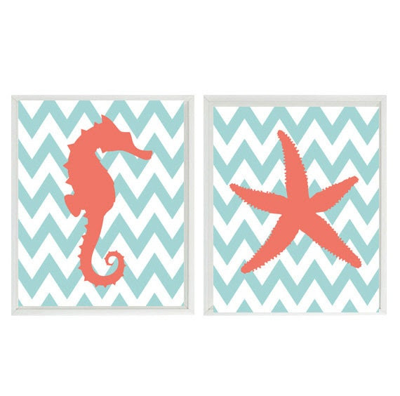 Seahorse Starfish Beach Nautical Sea Creature Chevron Art Print Duo- Nursery Children Room Aqua Coral - Wall Art Home Decor 2 8x10 Prints - RizzleandRugee Seahorse Starfish Beach Nautical Sea Creature Chevron Art Print Duo- Nursery Children Room Aqua Coral - Wall Art Home Decor 2 8x10 Prints - RizzleandRugee