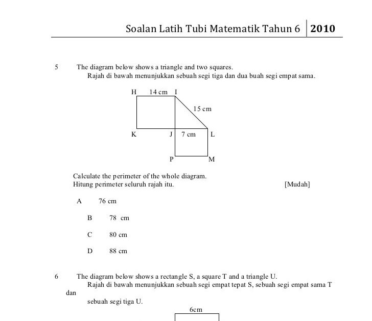 Soalan Matematik Tahun 6 Luas - Terengganu s