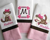Boutique Style SOCK MONKEY Burp Cloths - Personalized Burp Cloths - Appliqued - Embroidered - Monogrammed - Pink and Brown